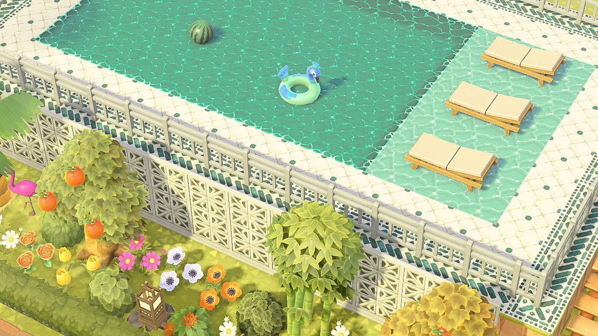 MagicCatGaming's tweet photo. Swim a few laps at our luxury pool located directly behind Guest Services! Sunscreen and lockers provided 🕶

Preset is Meadow by @mads43acnh 
Pool Water: MA-5592-6173-6018
Pool Tile: MA-8441-9338-9853
Wind Blocks: MA-7280-9846-7257

#acnh #acnhdesigns #acnhtropical #acnhinspo https://t.co/MimZUilacW