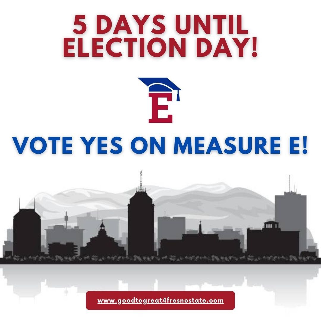 There are only 5 days until Election Day! Vote Centers open on November 5th, Fresno County Voters can Vote by mail now and drop their ballot at any ballot box across the Valley. Don’t forget to check for your nearest ballot box and Vote Yes on Measure E! #YesonMeasureE #Fresno