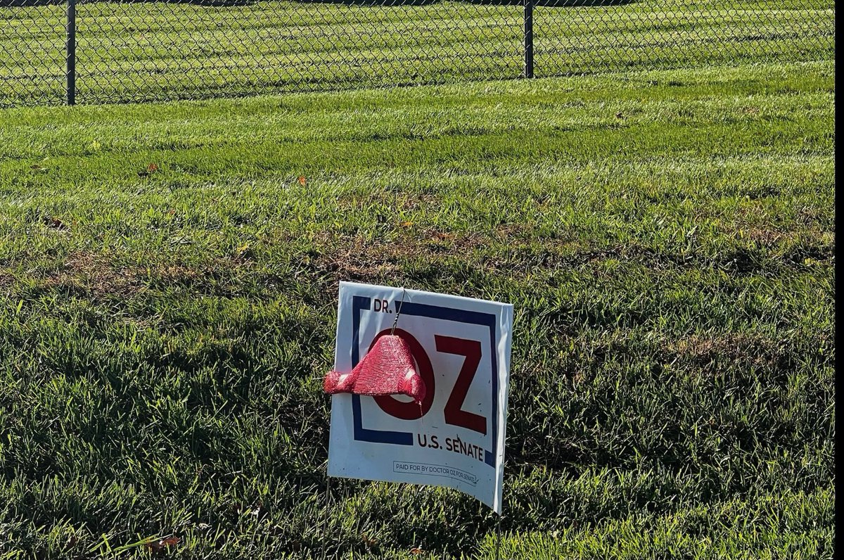 ImJessSaying2's tweet photo. Seen in Allentown, PA: red hanger over Dr. Oz sign along the road. Folks in PA are very worried about what an Oz win would mean for our abortion rights. https://t.co/qwQS8mh9s4