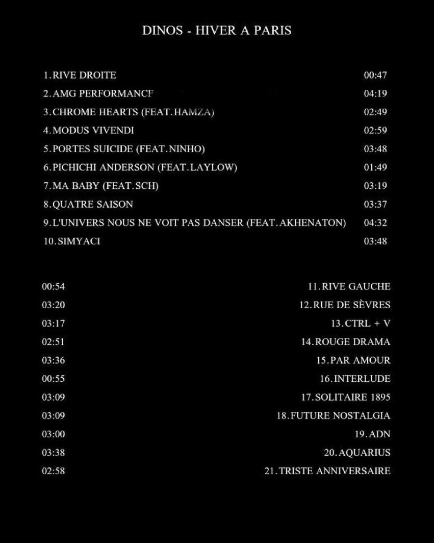 _RapMinute's tweet photo. La tracklist cachée de l’album de DINOS !

Featurings : Hamza, Ninho, Laylow, SCH, Akhenaton, Lous and the Yakuza https://t.co/H5ULBnfwYW