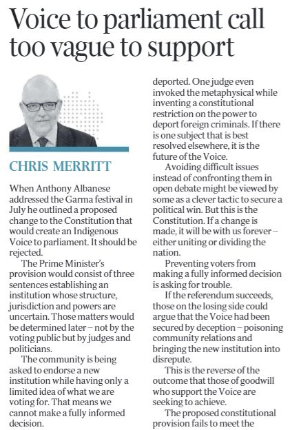 RoLAustralia's tweet photo. The #Voice: The community is being asked to endorse a new institution while having only a limited idea of what we are voting for.... The government says it will determine detailed plans for the Voice after the referendum. That will give politicians more say than voters  #auspol https://t.co/huscjunxbT