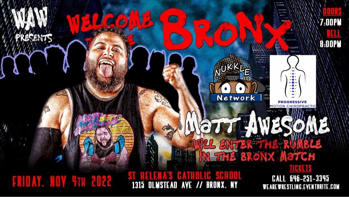 wrestling_we's tweet photo. Prolific vs Miracles Ones 
Talent: @JobberTears 

Big Game Leroy vs @ReyhanInteus
Match: @dacalluppodcast 
Talent: @MesaMedia1 

The Rumble in The Bronx Match is sponsored by @TheRingsideClub

And Matt Awesome is sponsored by @NuKKLeHeDD &amp; #ProgressiveMotionChiropractic https://t.co/fnIb3KxfeC