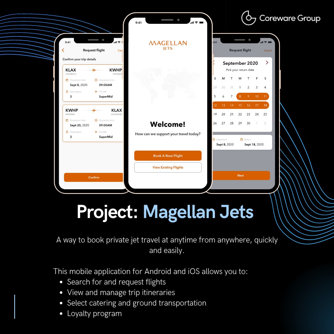 corewareus's tweet image. We delivered a custom, easy-to-use mobile app and website for Magellan Jets so their clients can conveniently book a charter flight anywhere and anytime! 
#CorewareGroup #CWG #softwaredevelopment #techsolutions #appdevelopment  #MagellanJets #aviation #privatejets