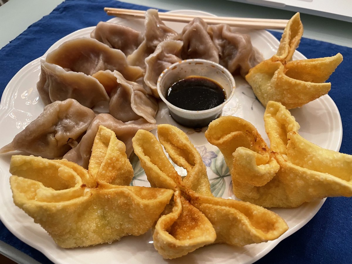 Lamb and onion steamed dumplings with ginger soy dipping sauce. And, of course, crab rangoon.