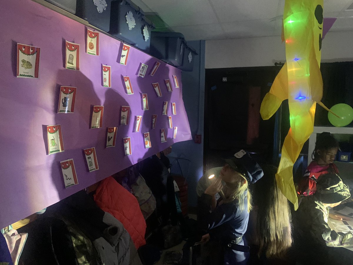 Room Transformation #2! Spooky Story Narrative writing on Halloween❤️ Students toured the room and selected spooky characters, setting, conflict &amp; 3 spooky items to add to their paper. Flashlights make everything better! #disneyfps