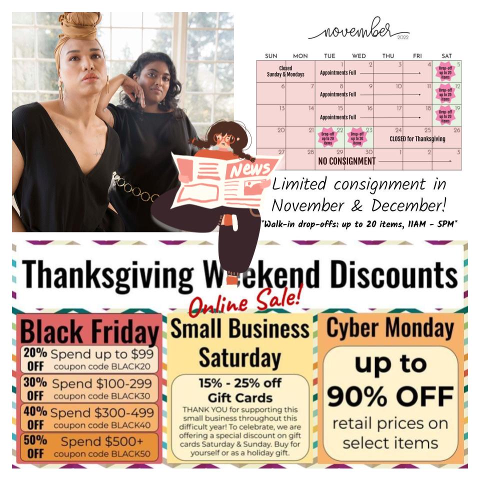 TwoBigBlondes's tweet photo. NOVEMBER NEWSLETTER is out with our #Friendsgiving newsletter coupon, plus details about our new collaboration with The Cura Co., winter consignment, store holiday hours &amp; Thanksgiving Weekend online sales. #SavetheDate for our Annual Holiday Storewide Sale! https://t.co/2LsMfS3ReF
