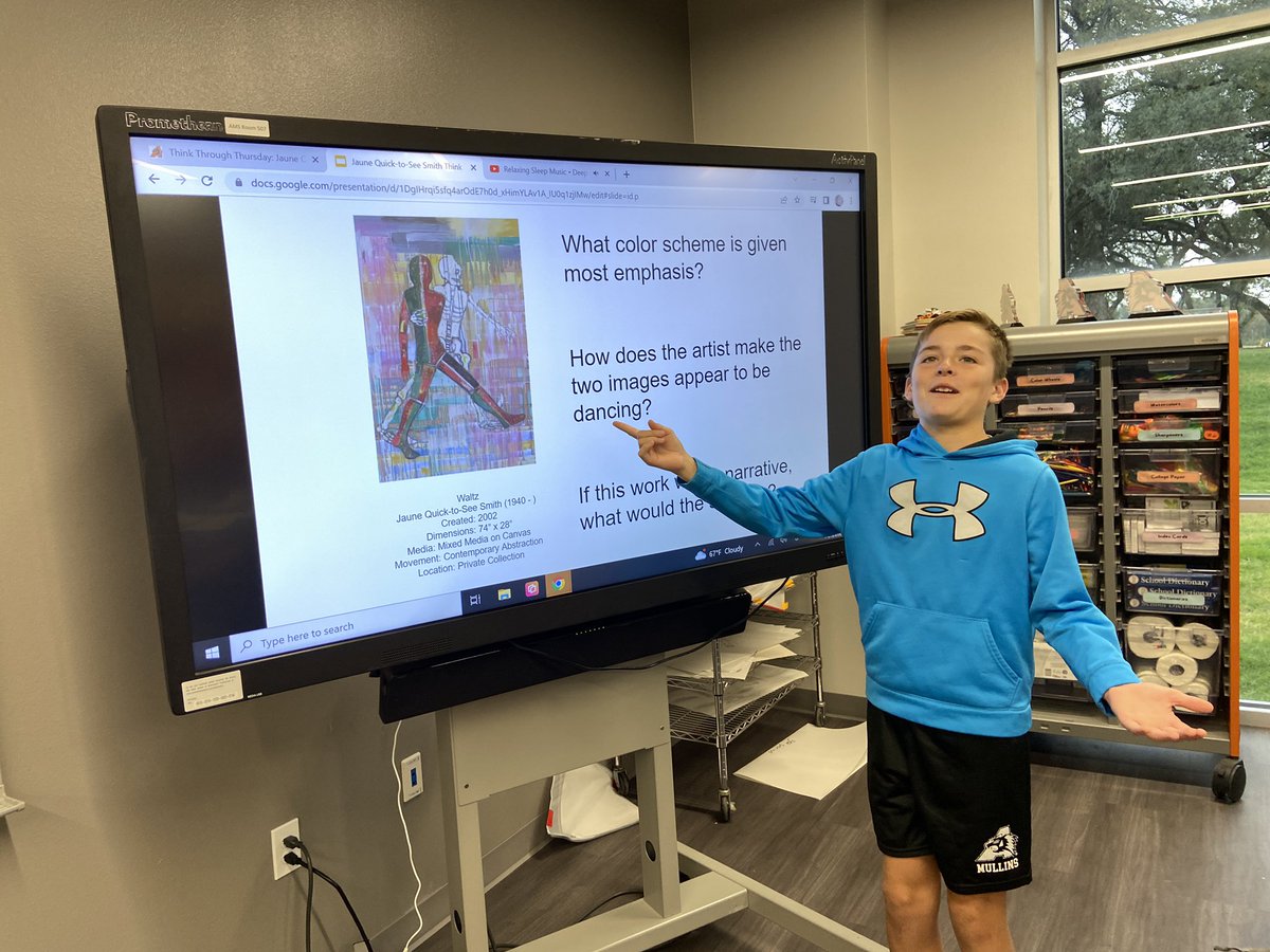 Native Americans are known to have used idioms. “This reminds me of dancing with death. It’s a story of someone taking great risks in life.”

Studying Jayne Quick-to-See Smith in honor of National Native American Heritage Month.#ThinkThroughThursday #K12ArtChat <a href="/aledo_ms/">Aledo Middle School</a>