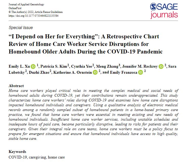 SGS_JAG's tweet photo. NEW! “'I Depend on Her for Everything': A Retrospective Chart Review of Home Care Worker Service Disruptions for Homebound Older Adults During the COVID-19 Pandemic" can be read and shared here: https://t.co/8D4ZbHyTP2 https://t.co/lj9uYVIqRv