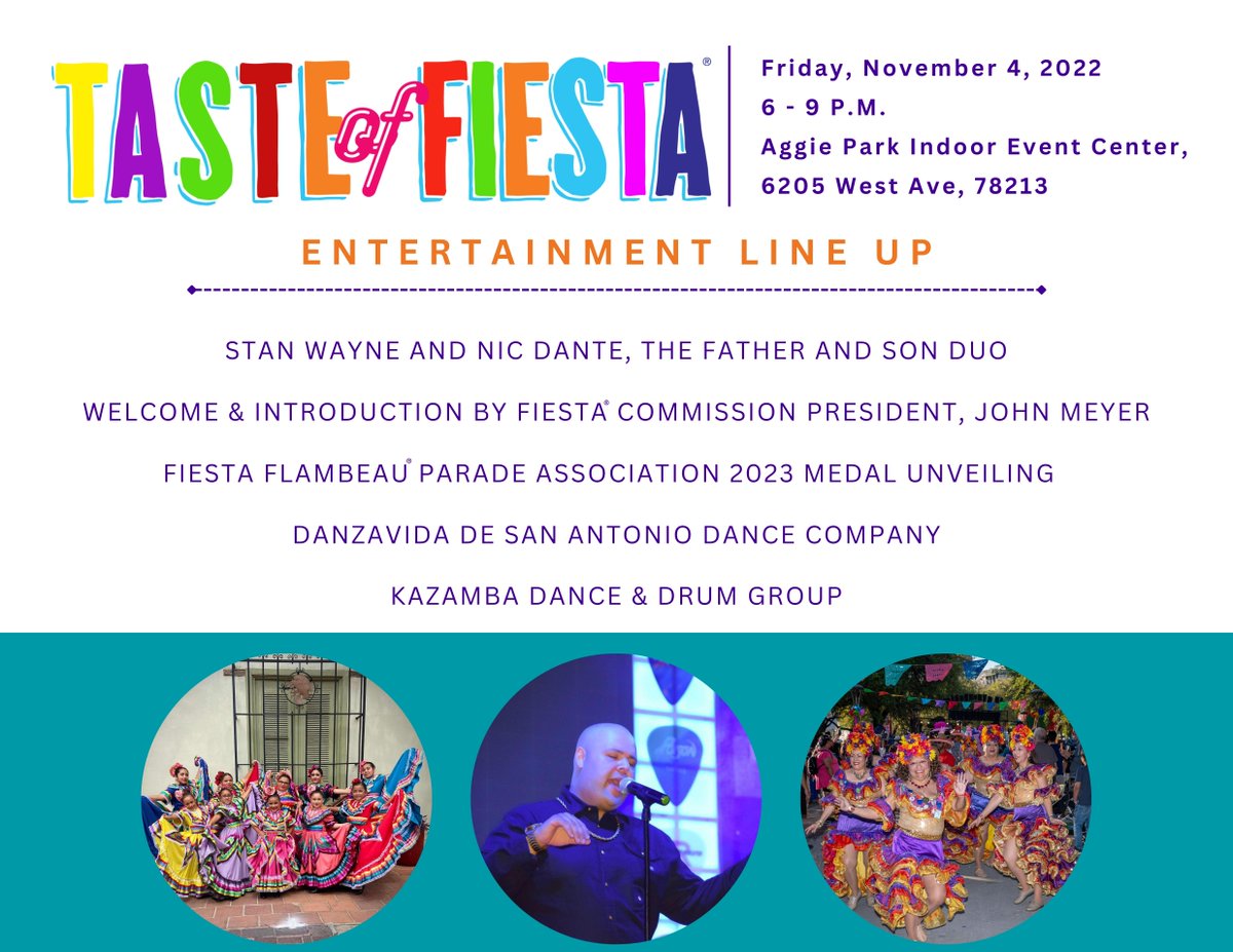 #TasteOfFiesta Entertainment Line Up! Join @FiestaSA for great food, music, a special unveiling from @FiestaFlambeau Parade Association, and more! Get your tickets here: form.jotform.com/fiestacommsa/t… $35 for Fiesta® Members / $50 for Non-Fiesta Members #VivaFiestaSA2023