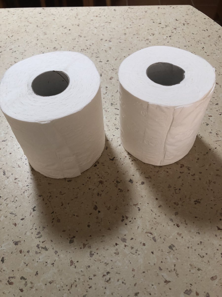 Glaring example of #shrinkflation - same brand of toilet paper bought a few weeks apart! Product shrinkage.
