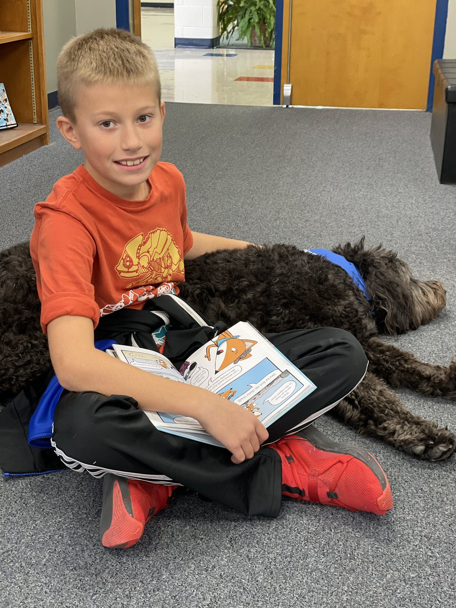 hmsbearapy's tweet photo. Good times in the library today! These boys found some fun #dragon books. Check out the titles. #440Proud #HMSPride #library #therapydog https://t.co/Z3GVhP7PBt