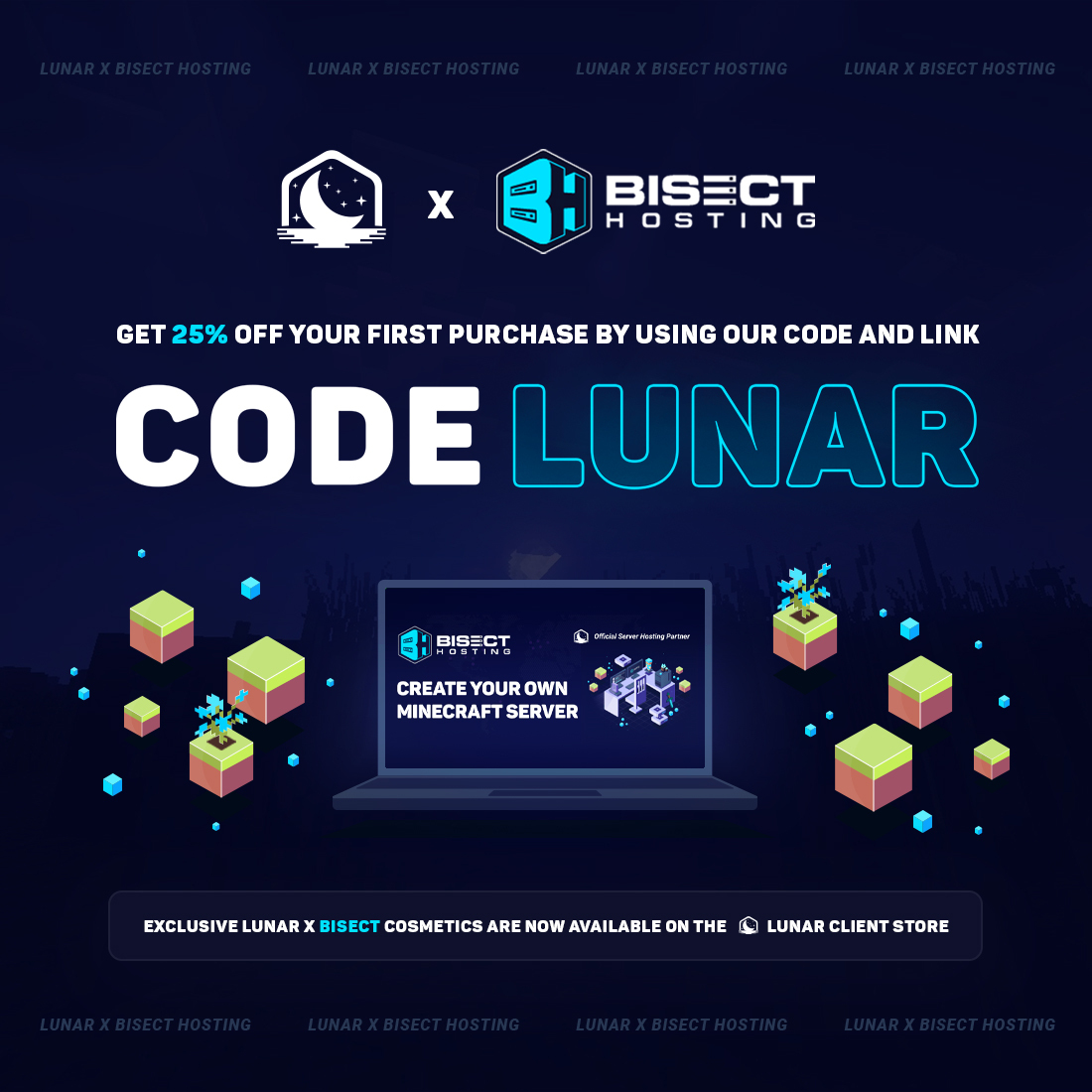 We are happy to announce our partnership with BisectHosting! 🚀

Use code "Lunar" at checkout to receive 25% off your first purchase at bisecthosting.com/lunar 🖥

Like, Retweet, and Follow for a chance to win one of five premium Bisect Servers! ✨ #BisectPartner