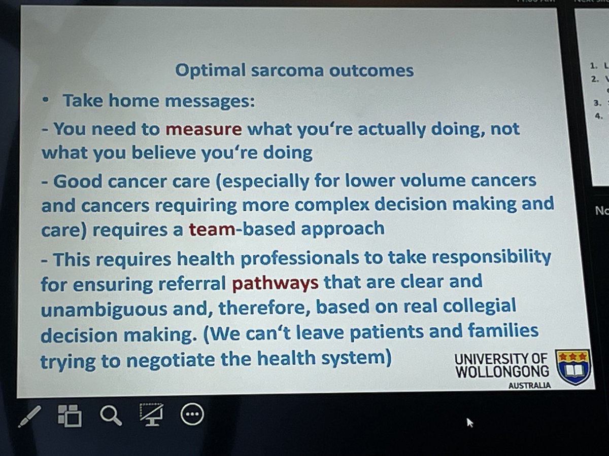 A framework for improving #sarcoma outcomes from ⁦<a href="/DavidCurrow/">David Currow</a>⁩ - steps that are feasible and likely to be impactful. Important message for ⁦<a href="/CancerAustralia/">Cancer Australia</a>⁩ ⁦<a href="/anzsarcoma/">Australia and New Zealand Sarcoma Association</a>⁩