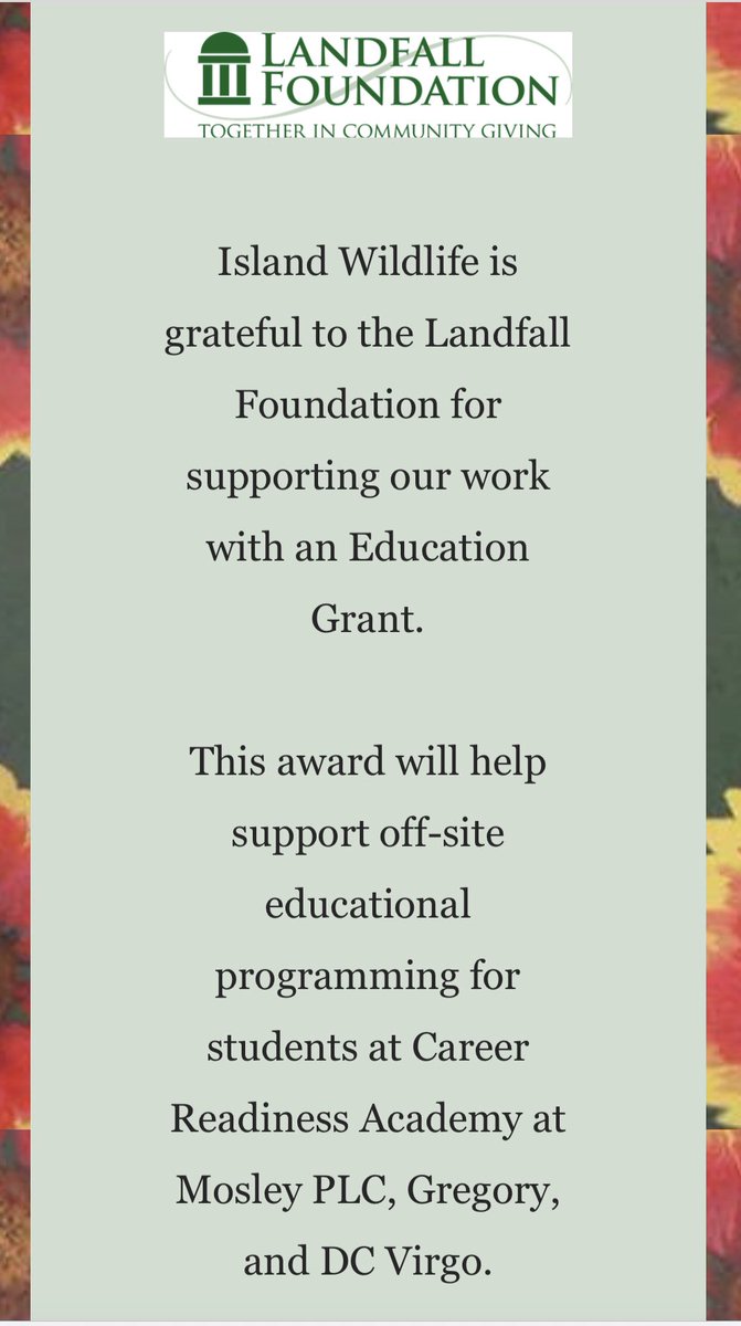 CRA at Mosley (@mosleyplc) on Twitter photo Grateful to be the beneficiary of a <a href="/LandfallF/">Landfall Foundation</a> Education Grant thanks to our partnership with Island Wildlife, a chapter of <a href="/NCWildlife/">N.C. Wildlife</a>. We will introduce our students to native flora and fauna through off-site learning opportunities. #nhcschat <a href="/NewHanoverCoSch/">New Hanover County Schools</a> <a href="/LNNalepa/">Lauren Nalepa</a> Grateful to be the beneficiary of a <a href="/LandfallF/">Landfall Foundation</a> Education Grant thanks to our partnership with Island Wildlife, a chapter of <a href="/NCWildlife/">N.C. Wildlife</a>. We will introduce our students to native flora and fauna through off-site learning opportunities. #nhcschat <a href="/NewHanoverCoSch/">New Hanover County Schools</a> <a href="/LNNalepa/">Lauren Nalepa</a>