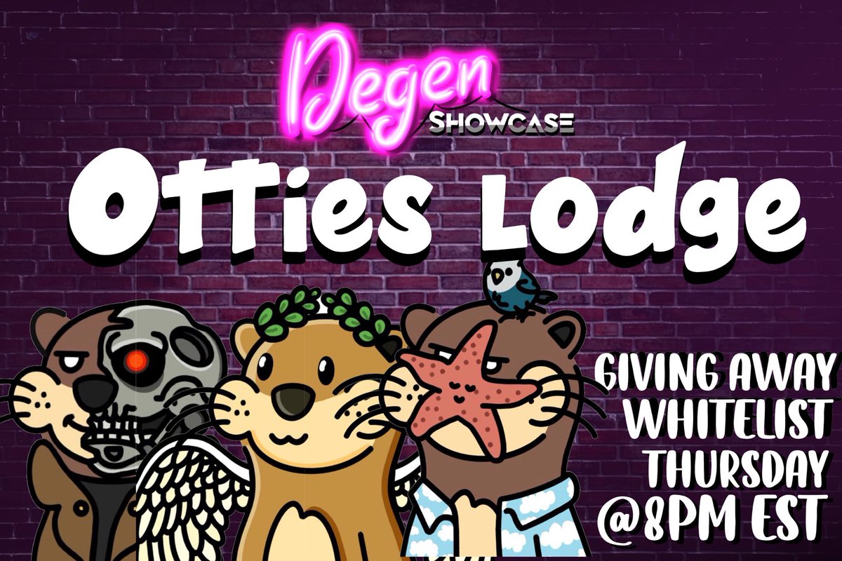 It's giveaway time! 

5 Winners will receive Allow List to mint

☑️Follow <a href="/OttiesLodge/">Ottie's Lodge | Minting Now</a> &amp; <a href="/DegenShowcase/">Degen Showcase</a> 

☑️Like &amp; RT this Tweet! 

☑️Tag 3 friends

Be in the space when winners are announced!