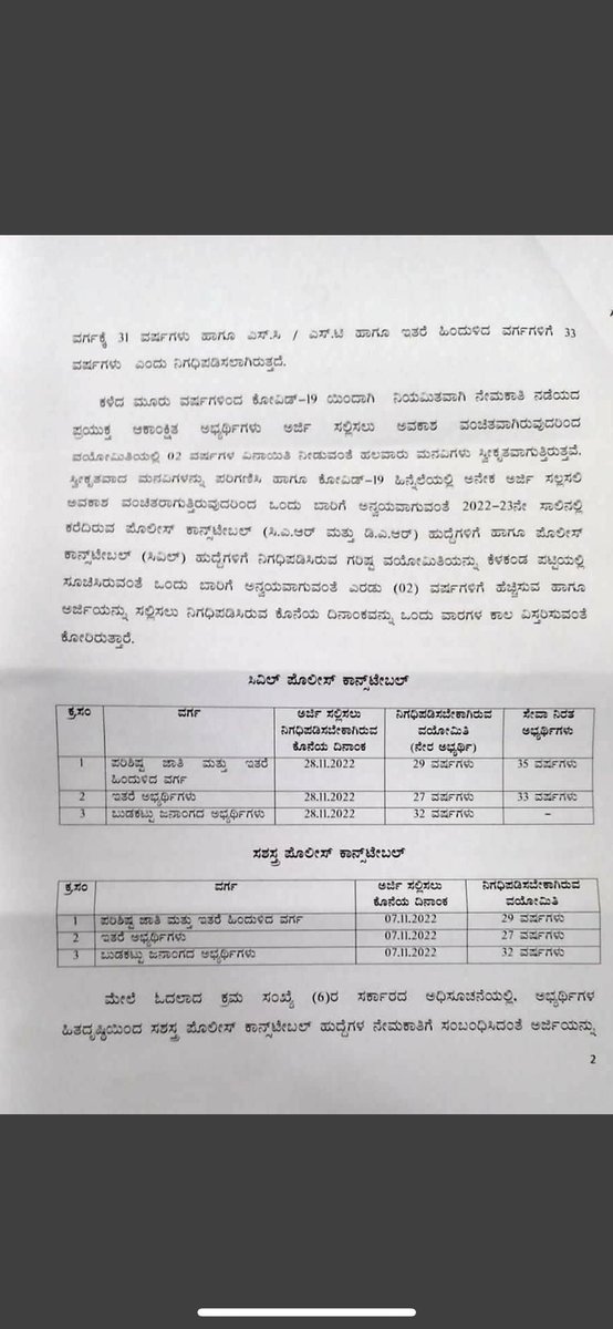 DgpKarnataka's tweet photo. ಪೊಲೀಸ್ ಕಾನ್ಸ್ಟೇಬಲ್ ಹುದ್ದೆ ಗಳಿಗೆ ನಿಗದಿಪಡಿಸಲಾದ ವಯೋಮಿತಿಯನ್ನು ಒಂದು ಬಾರಿಗೆ ಅನ್ವಯವಾಗುವಂತೆ ಹೆಚ್ಚಿಸಿ ರಾಜ್ಯ ಸರಕಾರ ಆದೇಶ ಹೊರಡಿಸಿದೆ. https://t.co/49mOwgjrnB