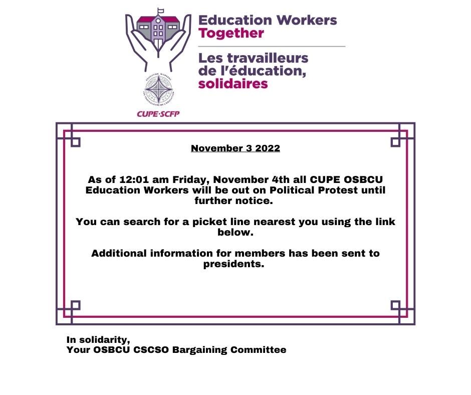 osbcucscso's tweet photo. OSBCU 2022 Bargaining Update # 38| Négociation du CSCSO 2022 - Mise à jour no 38 - Political Protest Begins. Find your picket location https://t.co/6jFfSrRryA
https://t.co/Bf6Z4JuRVg https://t.co/TZki7BB17R