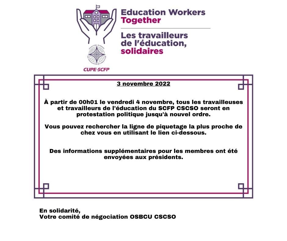 osbcucscso's tweet photo. OSBCU 2022 Bargaining Update # 38| Négociation du CSCSO 2022 - Mise à jour no 38 - Political Protest Begins. Find your picket location https://t.co/6jFfSrRryA
https://t.co/Bf6Z4JuRVg https://t.co/TZki7BB17R