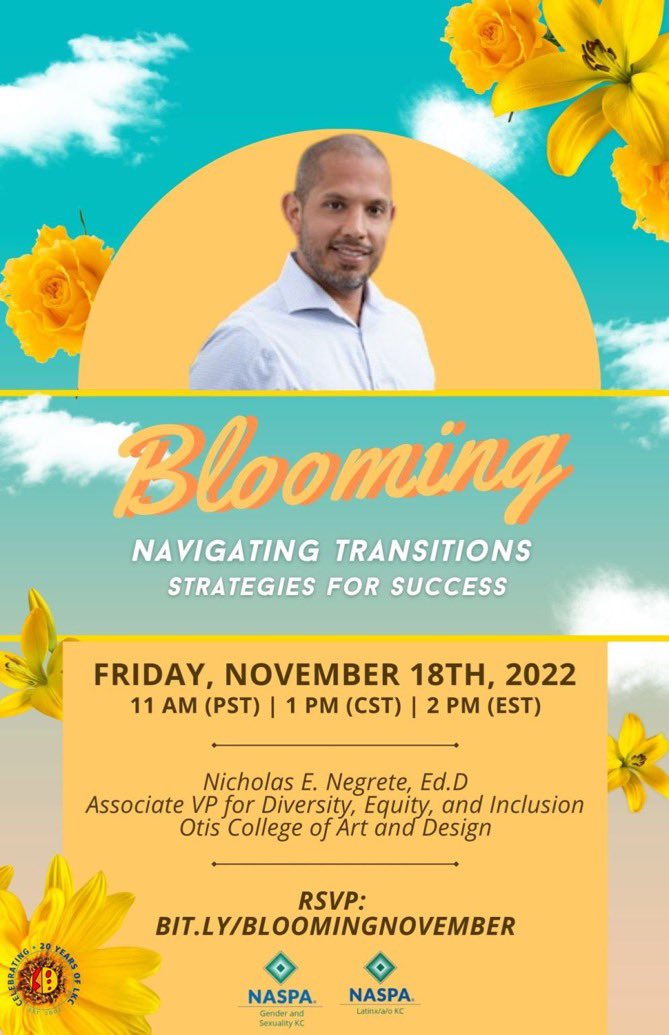 tweetinglavoz's tweet photo. Join NASPA GSKC &amp; LKC Latinx Inclusion Co-Chairs for “Blooming” in community with other Trans &amp; Queer Latinx/a/o higher education professionals. 

Friday, November 18th
11 AM PT | 1 PM CT | 2 PM ET
RSVP: https://t.co/xAUR4xn5Ye  

#gskc #lkc #20yrsofLKC #blooming #strategies https://t.co/IVjphzxFw2