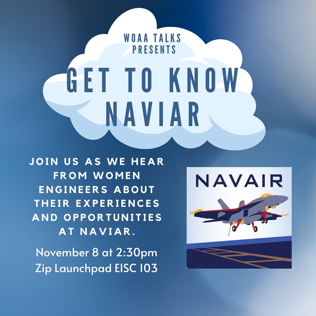 Hey everyone! Hope y’all are ready for our next WoAA Talk where we will be hearing from a special guest: Emily Escalante, an engineer at NAVAIR! Food will also be provided! 
If you have any questions you’d like to ask her: docs.google.com/forms/d/e/1FAI…