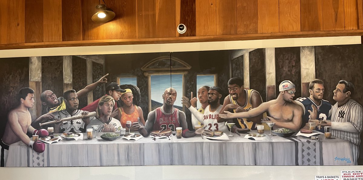 caylenb's tweet photo. lots to like about this california diner’s sports mural but my favorite detail is that for some reason Wayne Gretzky is Judas https://t.co/R5DsBvQ33A