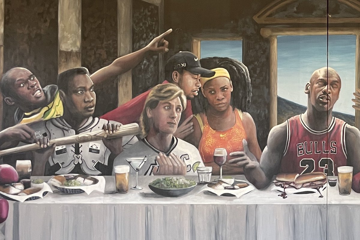 caylenb's tweet photo. lots to like about this california diner’s sports mural but my favorite detail is that for some reason Wayne Gretzky is Judas https://t.co/R5DsBvQ33A