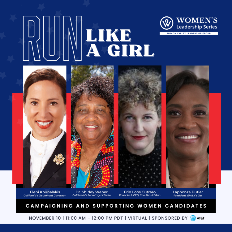 SVLeadershipGrp's tweet photo. Join SVLG VIRTUALLY on NOV 10 for an impactful event with Lt. Gov. Eleni Kounalakis @EleniForCA, CA Secretary of State, Dr. Shirley Weber @DrWeber4CA , Founder &amp; CEO of She Should Run, Erin Loos Cutraro @erinlooscutraro, and President of EMILY’s List, Laphonza Butler @LaphonzaB. https://t.co/3lvZ0Vc20D