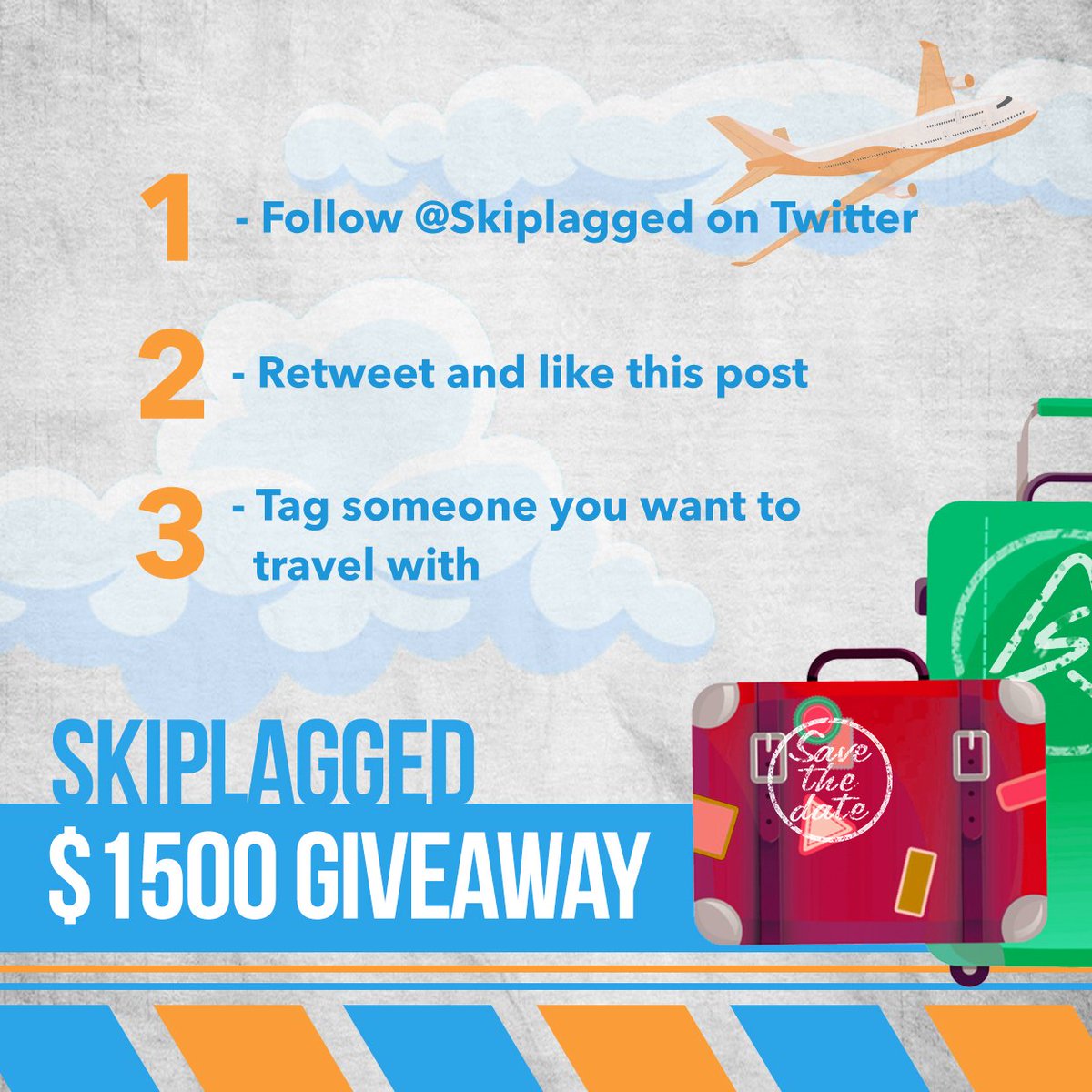 Skiplagged's tweet photo. 🚨 Giveaway Alert 🚨

We're going to cover your next flight with Skiplagged 👌

Each winner will get $250. There will be 6 winners ✈️

 How to enter ⬇️

1️⃣ Follow @Skiplagged on Twitter
2️⃣ Retweet and like this post
3️⃣ Tag someone you want to travel with https://t.co/eT06XmB2IU