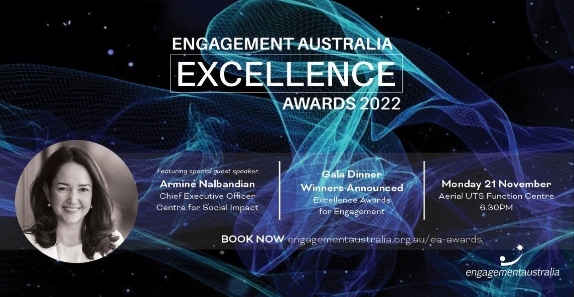 EngagementAust's tweet photo. Just over 2 weeks to go until we announce the winners of the 2022 Excellence Awards! Join @EngagementAust and special guest Arminé Nalbandian, CEO @CSIsocialimpact in Sydney at our gala dinner. Tickets selling fast https://t.co/dInfANPD0Z #EAConference22 https://t.co/CKZxX27U87