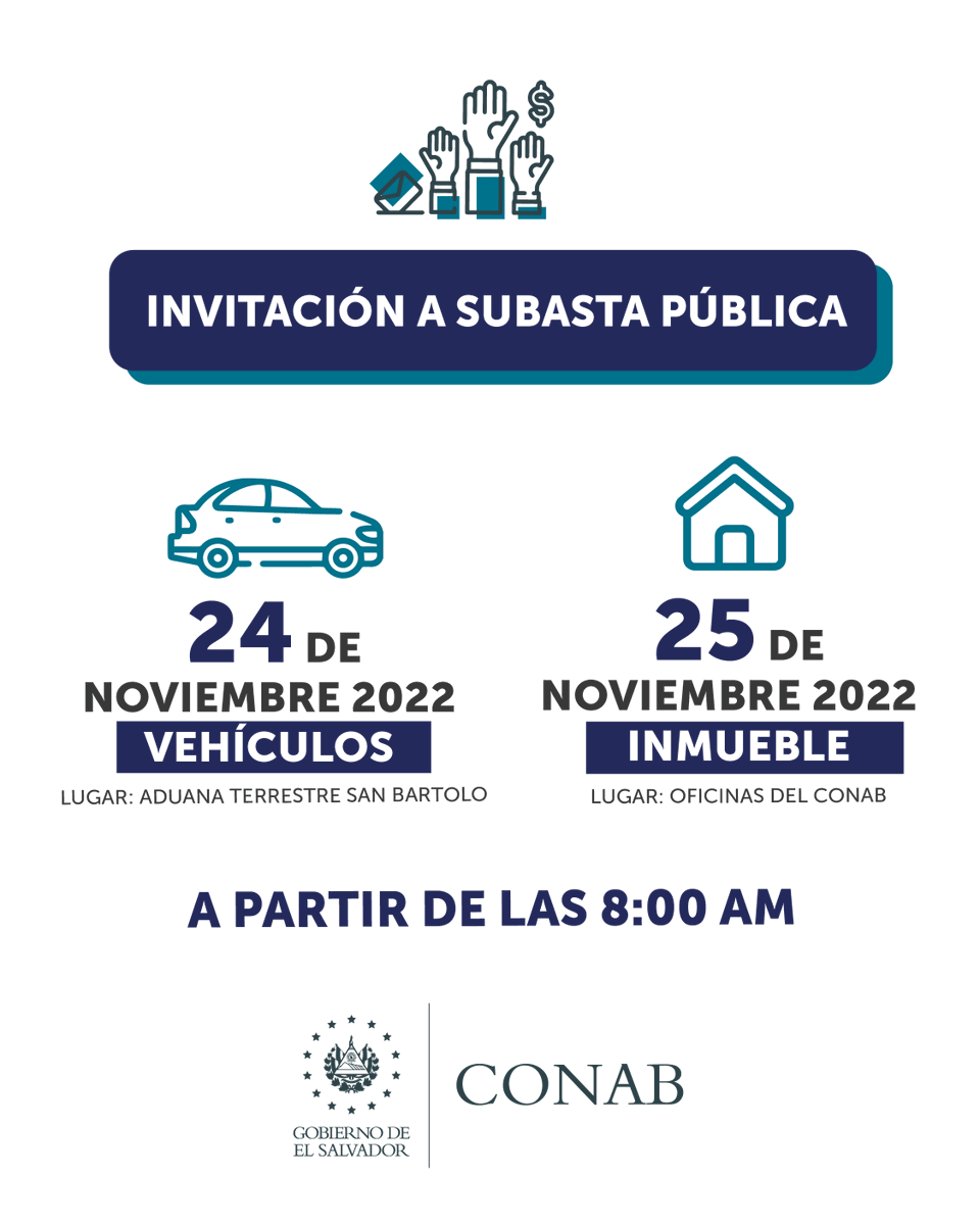 Subasta pública 2022, pueden ver o descargar las bases de subasta y el listado de vehículos automotores e inmuebles que se subastarán este 24 y 25 de noviembre dando clic en el enlace 👉bit.ly/3Nuc3TL #Subasta #Conab
