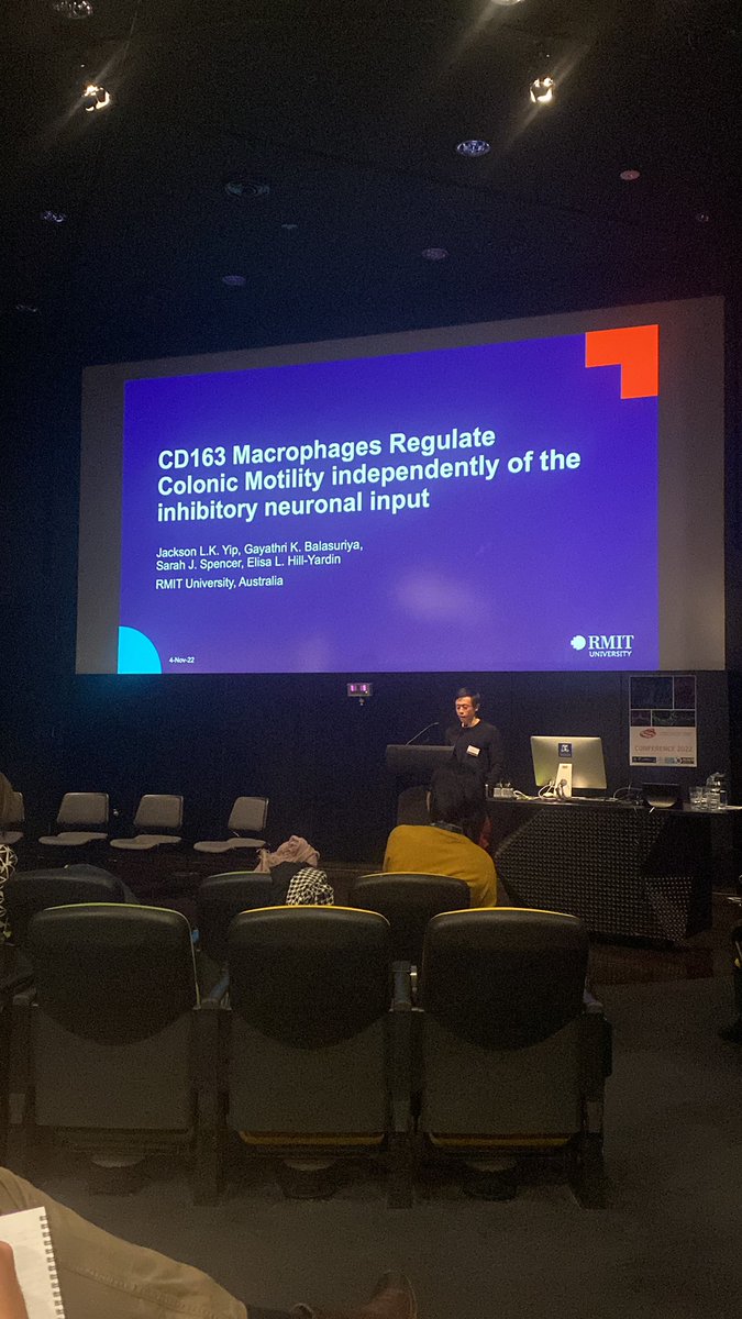 ANGMA_AU's tweet photo. Next up is Jackson Yip and his discussion of macrophage driven regulation of colonic motility @RMIT @Eli_melb https://t.co/MNuDj3gsuW