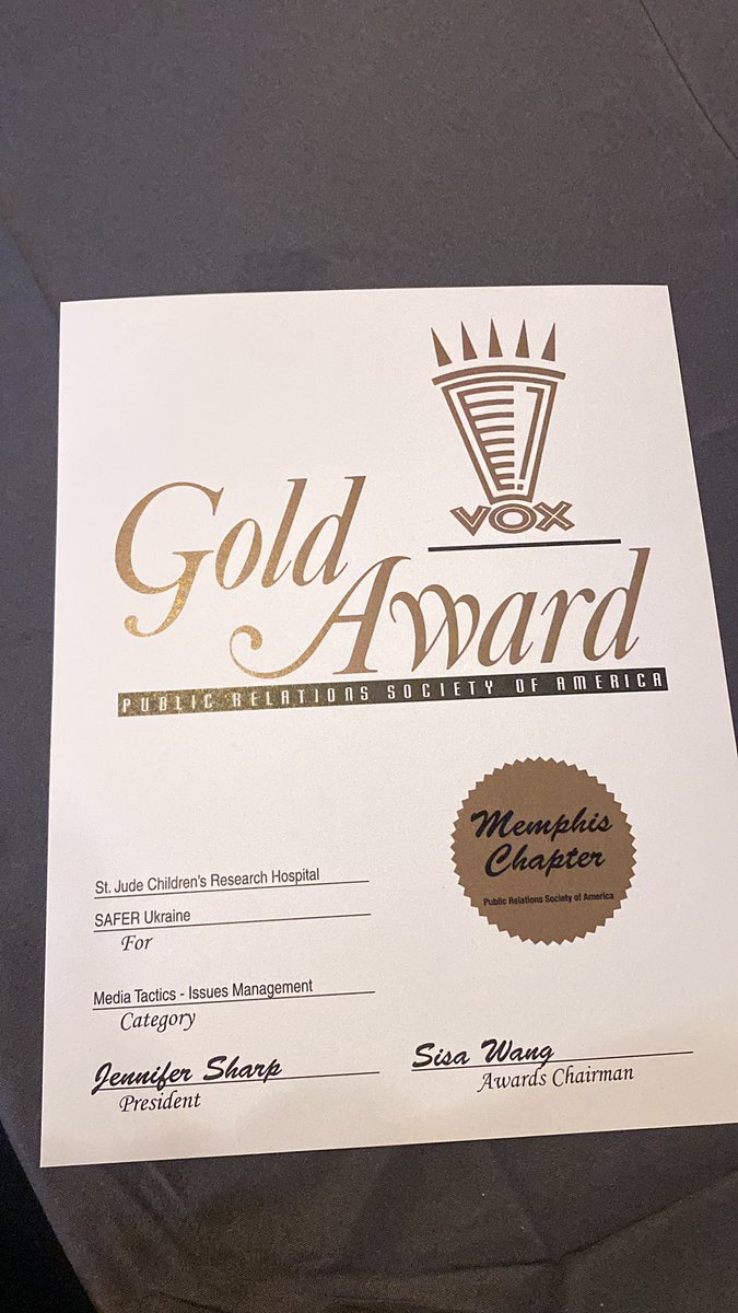 freedachehab's tweet photo. .@StJudeResearch wins the #VOX2022 #PRSAMemphis gold award for #SaferUkraine https://t.co/LUET3qpx2i
