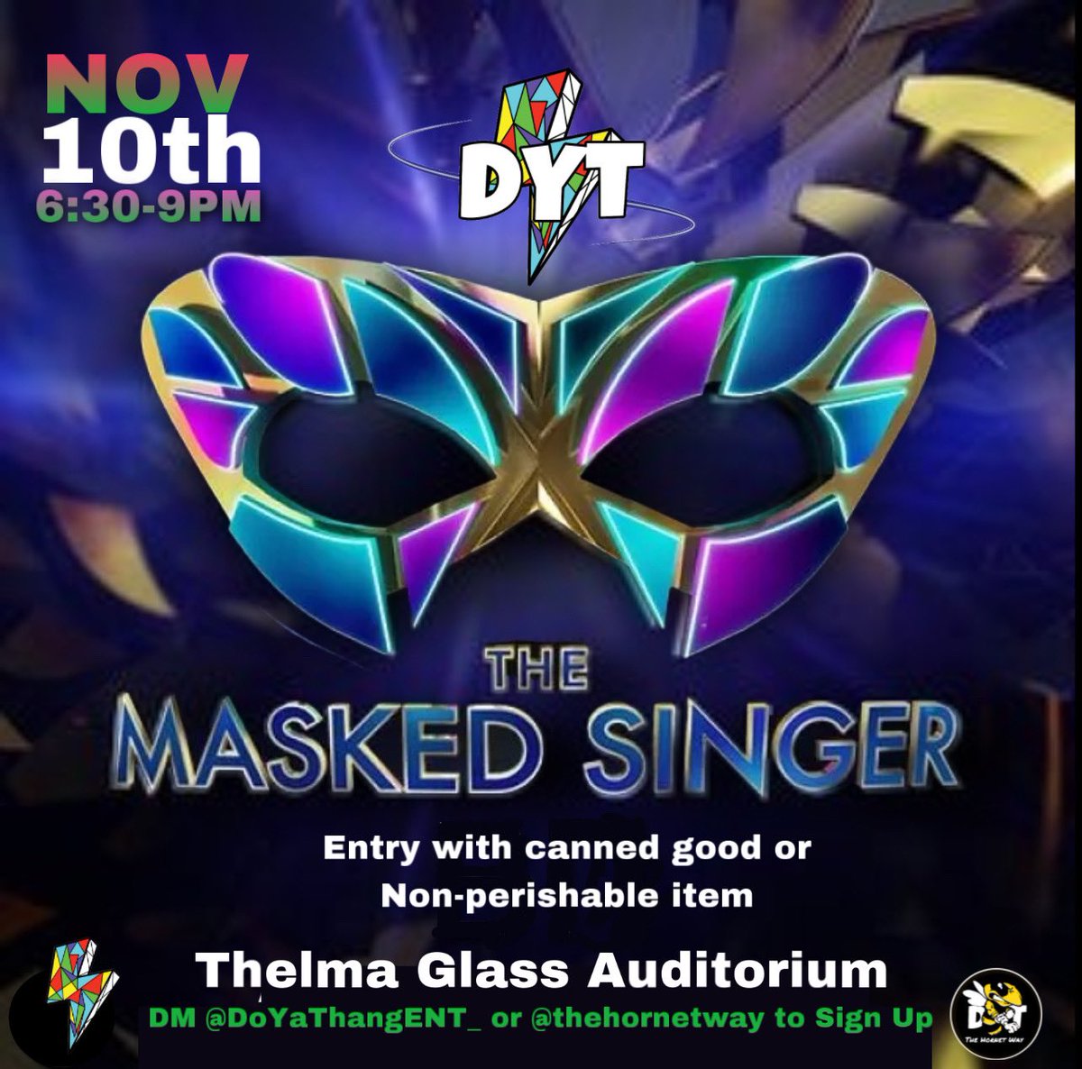 Can You Sing⁉️

Next Thursday, we’re hosting a Masked Singer Event⚡️

🎤10-15 Performances 
🎤Online Voting at DYTstyle.com 
🎤3 Judges (they pick top 5)

Online voting chooses the winner of the contest… #MaskRequire😉⚡️

DM us for Sign Up‼️

#Bamastate #myasu