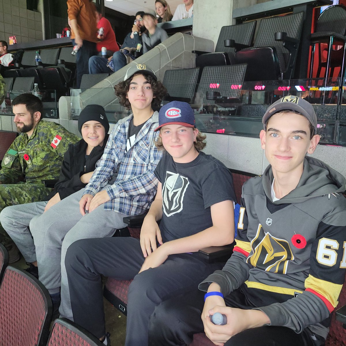 Steve_Durocher's tweet photo. Cougars always find one another at the game!!  #GloucesterCougars #Gmha. Sens vs Vegas.   Evan Durocher, Sawyer Pinheiro, Dylan Adams, Matthew Sawchuk https://t.co/FaK0lbdGaW