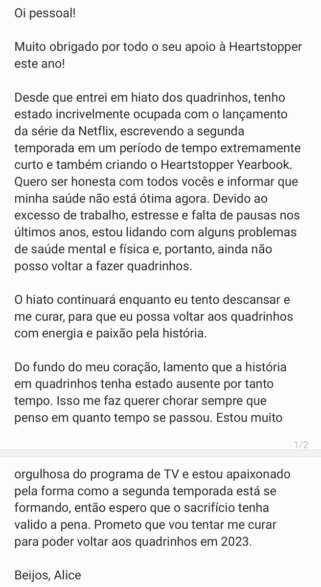 heartstbrasil's tweet photo. Devido a sua saúde mental, Alice Oseman diz que ainda não se sente pronta para voltar a desenhar as HQs de Heartstopper, e espera conseguir voltar em 2023. 🍂🎨

"Estou muito orgulhosa da série e estou apaixonado pela forma como a segunda temporada está se formando, então espero+ https://t.co/KShZpTTxfh