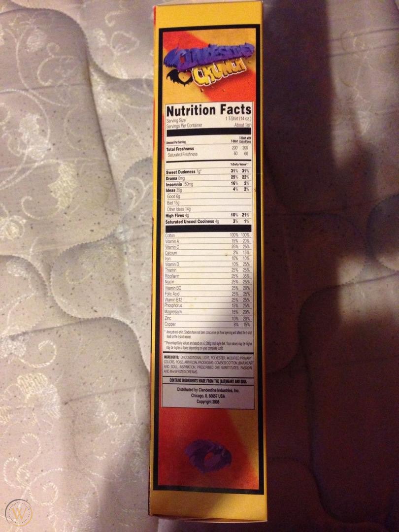 clndstnarchive's tweet photo. today's item- one of the strangest things ever made for clandestine, the clandestine crunch cereal box- now, i'm not sure if there was an accompanying cereal, i couldn't find anything on it, but some shirts were made too that'll be shared over the next few days https://t.co/zPg1PjHvmx