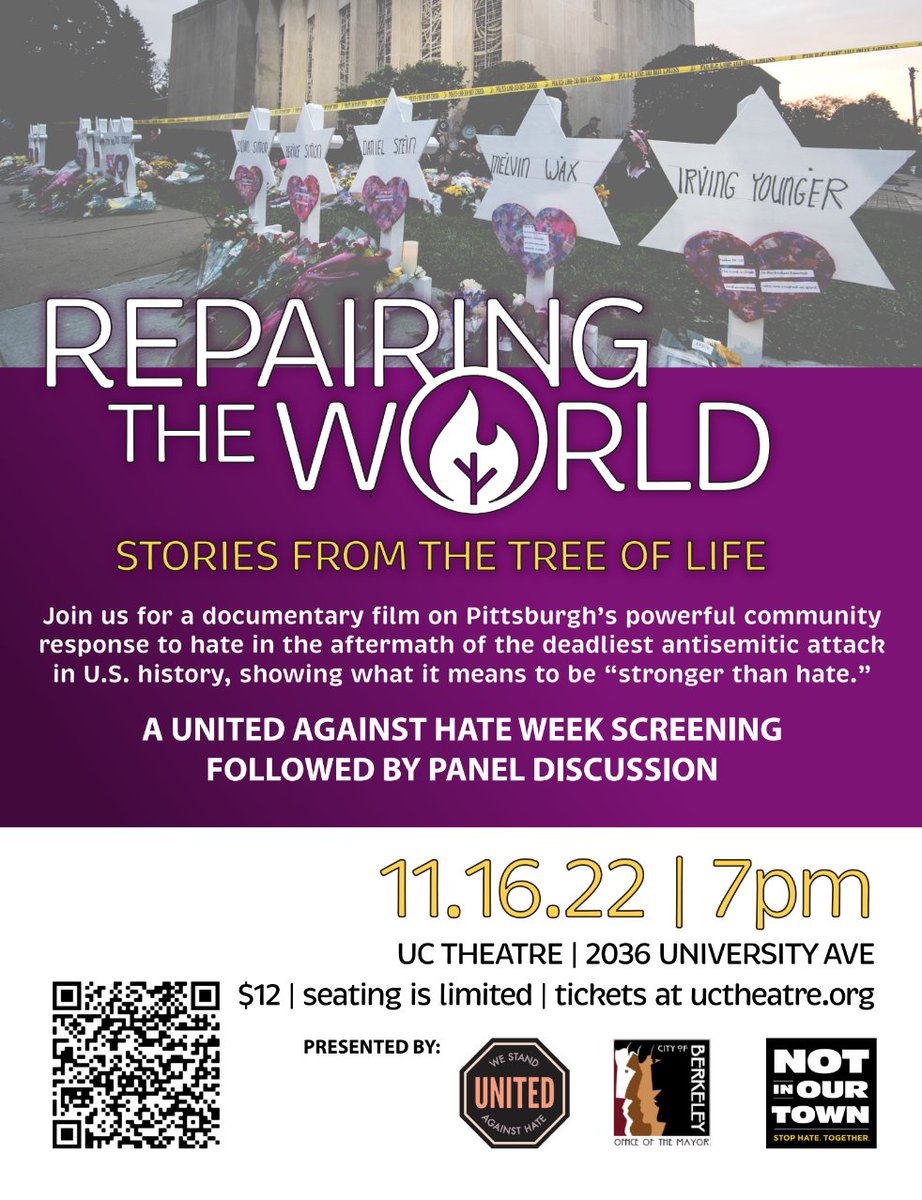 Stand up to hate and antisemitism!

Join the City of Berkeley and Not In Our Town for a United Against Hate Week presentation of Repairing the World: Stories From the Tree of Life on 11/16/22 at 7pm at the UC Theatre.

Link to trailer vimeo.com/696739238/d5ca…