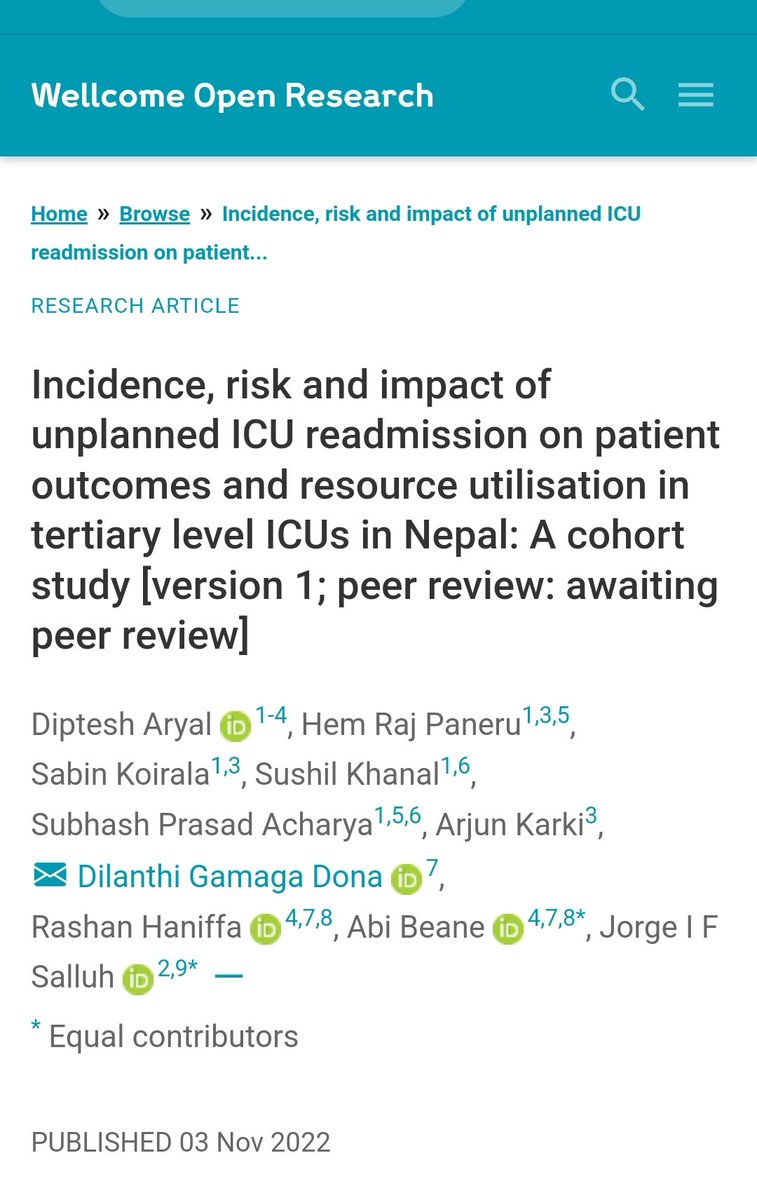 Diptesh Aryal (@diptesharyal) on Twitter photo Our research article explores the determinants of risk attributable to unplanned ICU readmission in ICUs in Nepal.
<a href="/drsuvash/">Subhash P. Acharya</a>
<a href="/DrSabinKoirala/">Sabin Koirala</a> <a href="/hempaneru/">hem paneru</a> <a href="/rhaniffa/">Rukia Haniffa</a> <a href="/drakarki/">Arjun Karki</a>
<a href="/sushilkhanal_17/">sushil khanal</a>
<a href="/AsiaCritical/">CRITIcal CARE Asia</a>
<a href="/NepICRF/">Nepal Intensive Care Research Foundation</a>
<a href="/JSalluh/">joseph salluh</a> <a href="/wellcometrust/">Wellcome</a> <a href="/MORUBKK/">MORU</a>
wellcomeopenresearch.org/articles/7-272 Our research article explores the determinants of risk attributable to unplanned ICU readmission in ICUs in Nepal.
<a href="/drsuvash/">Subhash P. Acharya</a>
<a href="/DrSabinKoirala/">Sabin Koirala</a> <a href="/hempaneru/">hem paneru</a> <a href="/rhaniffa/">Rukia Haniffa</a> <a href="/drakarki/">Arjun Karki</a>
<a href="/sushilkhanal_17/">sushil khanal</a>
<a href="/AsiaCritical/">CRITIcal CARE Asia</a>
<a href="/NepICRF/">Nepal Intensive Care Research Foundation</a>
<a href="/JSalluh/">joseph salluh</a> <a href="/wellcometrust/">Wellcome</a> <a href="/MORUBKK/">MORU</a>
wellcomeopenresearch.org/articles/7-272