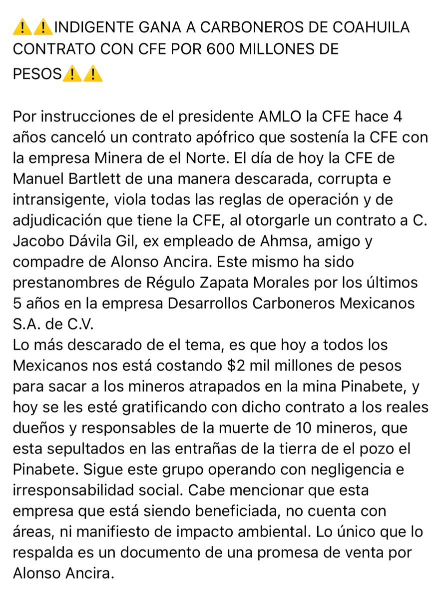 FPinabete's tweet photo. Una burla para todos los mexicanos, compra la cfe más de 800 millones de pesos en carbón de alta ceniza que es equivalente a tierra. https://t.co/g5EbysYqAD