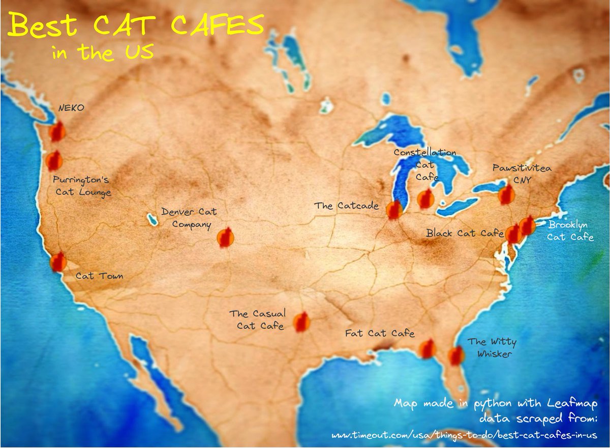 #30DayMapChallenge Day1 Points - Going with crowd choice data theme: Cats - Best Cat Cafes in the US! Dataset from scratch(😸) scraped with python from Time Out article and cafes geocoded with geopy - Map created with Leafmap - More info & maps: location-artistry.github.io