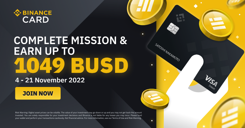 binance's tweet photo. #Binance Card Giveaway: Earn $BUSD rewards when you complete a mission! (2022-11-04)