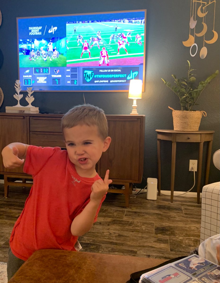 kyle_borg's tweet photo. Truman keeping it real during #TNFDudePerfect 

Fantasy Football FTW! #TeamCoby https://t.co/xwSzJEgkKc