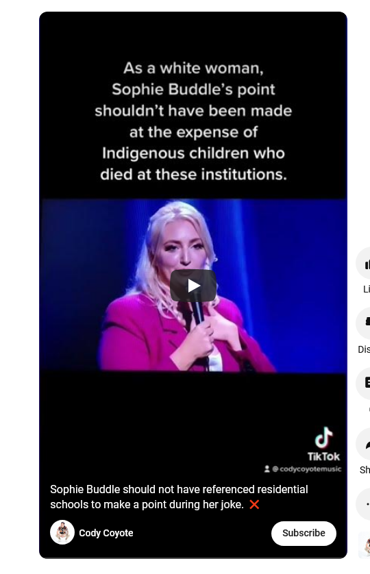 kgsambrano's tweet image. When things are so not funny, I refuse to play it, but still need to draw attention to it.  #residentialschools #sophiebuddle This is a screen capture of her bit.