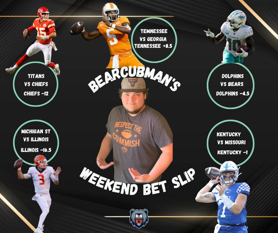 BearsProfit's tweet photo. 🐻 I present you with our staff's Weekend Betslips! 🔥

We will drop this graphic on Thursdays, and go LIVE Friday mornings to deliver the trends and stats for all these games! DON'T MISS OUT!⤵️

Subscribe to YouTube: https://t.co/uoTSUa8n9V https://t.co/0lZG5msZoc