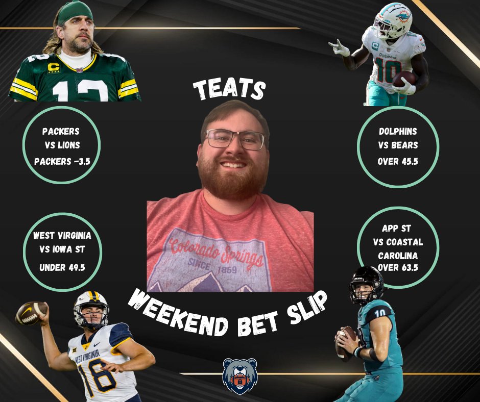 BearsProfit's tweet photo. 🐻 I present you with our staff's Weekend Betslips! 🔥

We will drop this graphic on Thursdays, and go LIVE Friday mornings to deliver the trends and stats for all these games! DON'T MISS OUT!⤵️

Subscribe to YouTube: https://t.co/uoTSUa8n9V https://t.co/0lZG5msZoc