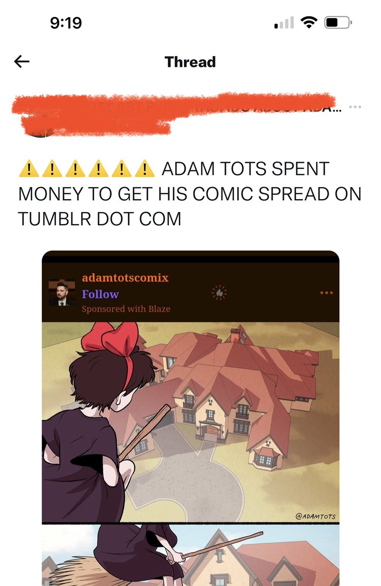 adamtotscomix's tweet photo. Sure did. I had tumblr years ago with 750k followers but I deleted it cuz I was getting death threats. When I signed up again yesterday I paid to have a post promoted. Art is my job, why shouldn’t I promote myself? How does affect you? Also it worked, I got a surge of followers. https://t.co/GEOYSyxozd