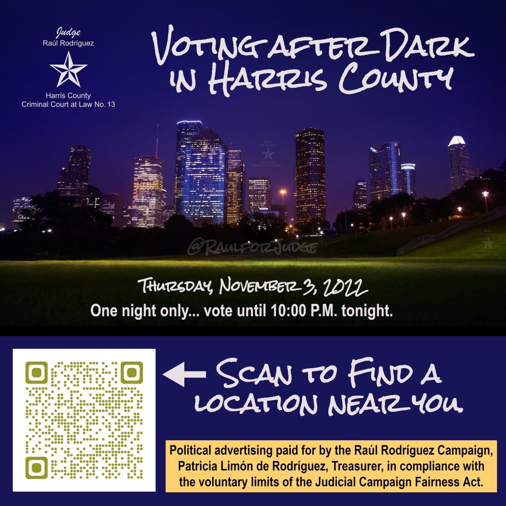 Thursday, November 3, 2022 One night only in Harris County... Voting After Dark 🌃🗳 Find a location near you to cast your ballot. You have until 10:00 P.M. tonight. harrisvotes.com/polling-locati… #VotingAfterDark