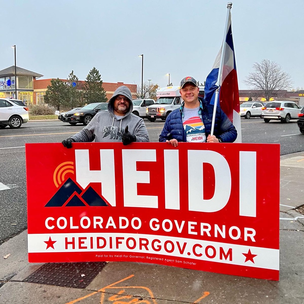 COlogcabin's tweet photo. We’re out working hard for @heidiganahl in Aurora!  You know @PolisForCO supporters wouldn’t stand in a snowstorm for their snowflake!  Great to see @DmoMakingNoise and HD-41 candidate Stephanie Hancock! https://t.co/uVV2VtBUgZ