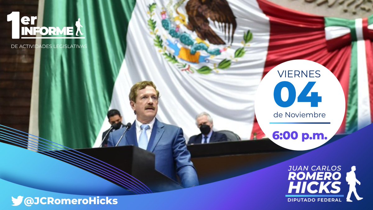 JCRomeroHicks's tweet photo. Mañana a las 18:00 hrs, te invito a seguir mi 1er Informe Legislativo a través de mis redes sociales. Un ejercicio de diálogo y rendición de cuentas, que sin duda fortalece nuestro trabajo como legisladores. ¡Te esperamos! #TrabajarPorLoQueViene https://t.co/QxV130hZHk
